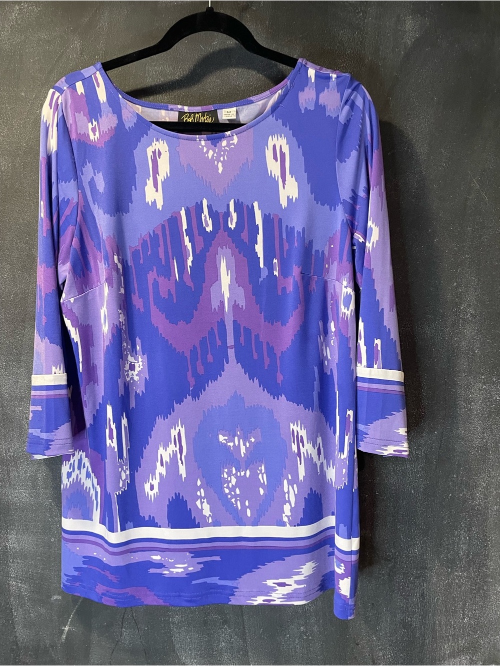 Bob Mackie Wearable Art Purple Ikat Print Tunic Top Medium 3/4 Sleeve luxury
